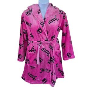 Juicy Couture Hooded Pink Fleece Bathrobe Belt Pockets fairycore warm soft
